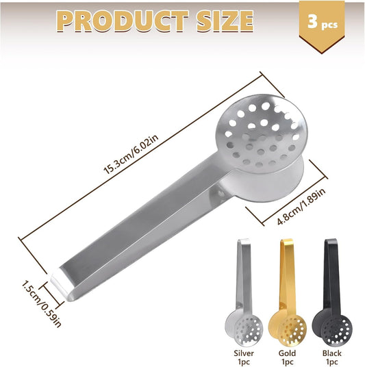 3 Packs Stainless Steel Tea Bag Squeezer Tongs, Teabag Filter Tongs, Tea Bag Strainer Gripper Picker Spoon Clamp Dispenser Accessories for Drinkers Kitchen Bar Tool (Gold & Silver & Black)