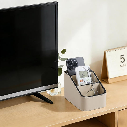 Remote Control Holder, Small Desk Organizer TV Remote Caddy, Black | PU Leather 3 Compartments Remote Holder, Remote Organizer Nightstand Organizer for Couch Bedside Living Room Office