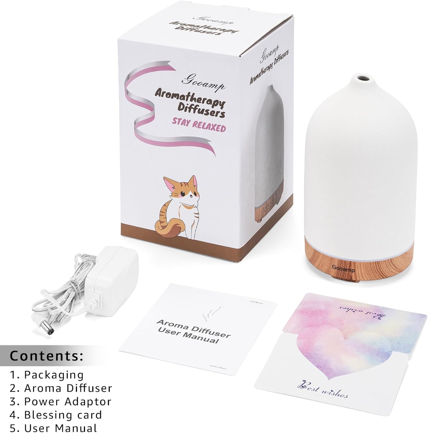Gooamp 200ML Ceramic Essential Oil Diffuser for Home - Ultrasonic Aromatherapy Diffuser Humidifier with 7 Color LED Lights, Auto Shut-Off, 3 Timers for Bedroom, Office, Yoga, Black