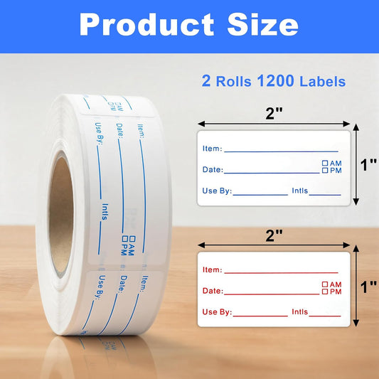 1200 Pieces Removable Food Labels Stickers, 2 Rolls 1x2 Inch | Freezer Labels for Food Containers, No-Residue, Easy Clean, Waterproof & Oil-Resistant Food Labels for Kitchen Restaurants