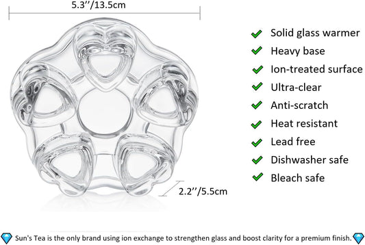 Sun's Tea Universal Solid Crystal Glass Ultra Clear Teapot Warmer | Tea Warmer | Teapot Heating Base | Tealight Warmer- Candle Never Flames Out