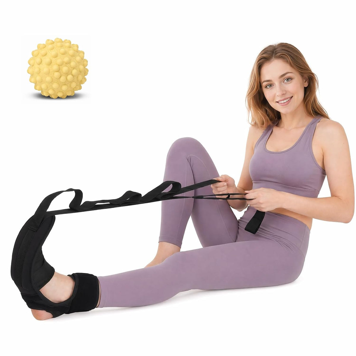 Plantar Fasciitis Night Splint Stretcher, Foot and Calf Streching Strap for Heel Spurs, Foot Drop, Achilles Tendonitis & Hamstring, Yoga Foot & Leg Stretch Strap with Green Massage Ball