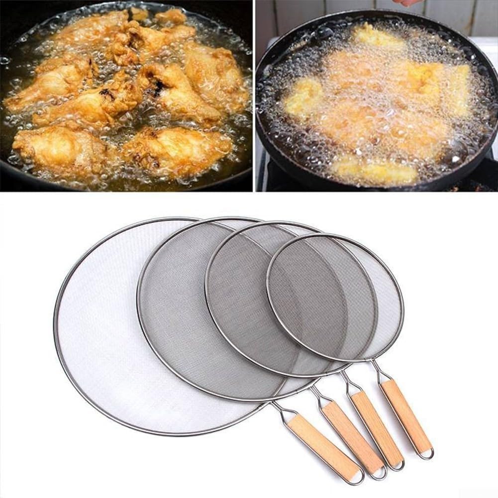 Stainless Steel Oil Splatter Screen with Fine Mesh and Wooden Handle for Frying Pans, Skillets and Pots, Easy to Clean Grease Guard, 8/10/11/13 Inch Sizes(25cm)