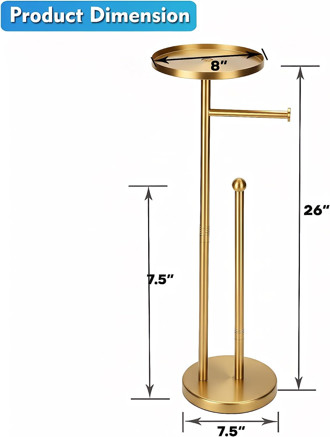 Gold Toilet Paper Holder with Shelf, Tissue Roll Holder Stand with Storage for Holding Extra 4 Toilet Paper Rolls, Stainless Steel Rustproof Freestanding (Brushed Gold)