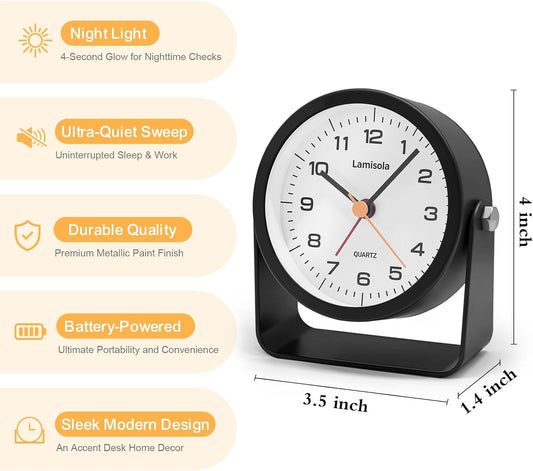 Lamisola 3.5 Inch Small Desk Battery Clock, Black Alarm Clock for Bedroom