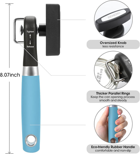 Beneno Can Opener, Manual Side Safe Cut Can Opener Smooth Edge, Brown | Durable Sharp DC53 Steel Cutting Blade, Clean Cut with no Sharp Can Edges, Big Effort-Saving Knob, Comfortable Non-Slip Grip