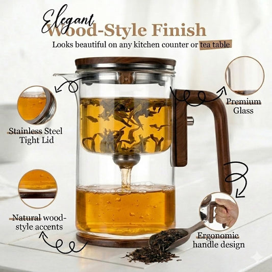MIIKA Magic Glass Tea Pot with Infuser for Loose Tea – Bottom Dispense Stainless Steel Strainer, Borosilicate Glass, Elegant Tea Scoop, Protective Base and Drip-Free, Easy-to-Clean Design