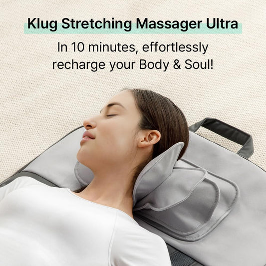 Klug Stretching Massager Ultra, Effortless auto-Stretching Mat, Ease Back & Neck Pain with 3 Intensity Levels 7 Exceptional Programs, 2 Levels of Heat Function, Foldable & Portable Design, Gray