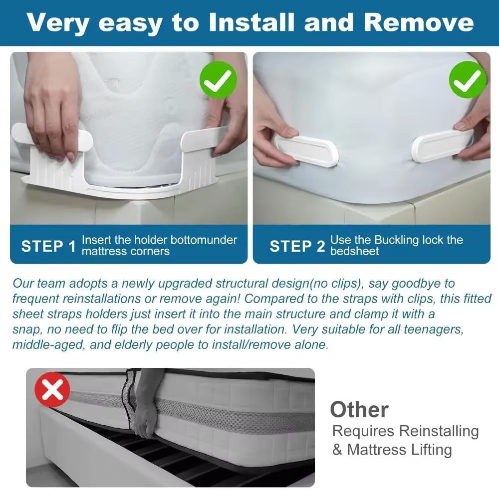 Bed Sheet Holders for Corners, 4PCS Fitted Sheet Holders with Lock Strips, Keep Sheets Tight & Secure, Non-Slip Sheet Clips for Mattress, Easy to Install, Fits Twin, Full, Queen & King Beds