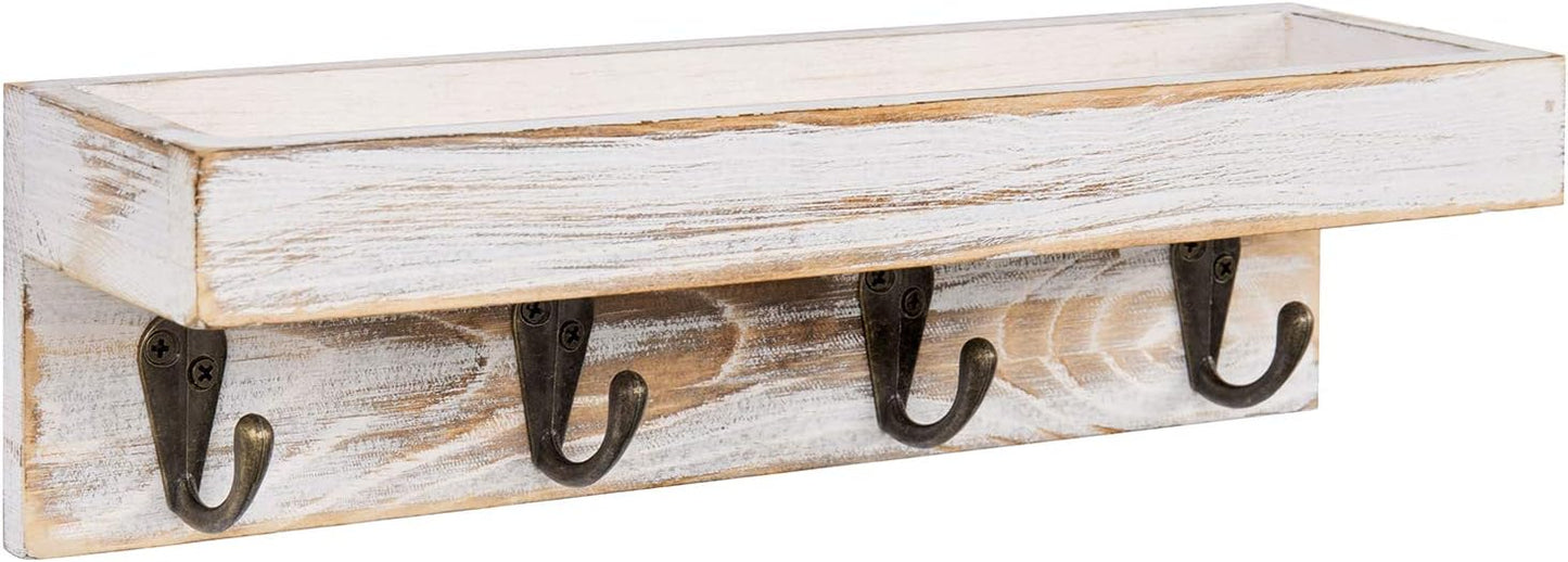 MyGift 10 Inch Brown Wood Wall Mounted Floating Shelf Key Rack with 4 Hooks | Four Metal Hooks, Space Saving Storage, Entryway Organization, Rustic Accent, Keys Mail Accessories Display