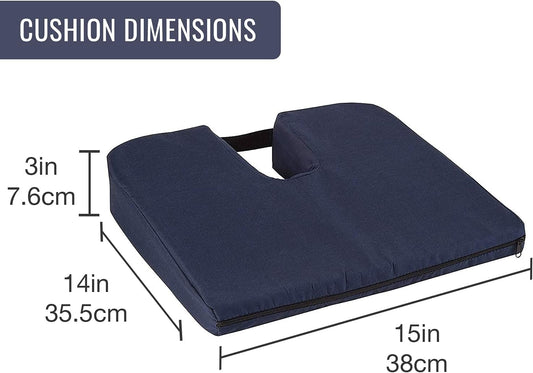 DMI Gradual Slope Seat Cushion for Coccyx, Sciatica and Tailbone Pain Used With Dining Room Chairs, Desk Chairs, Thin Car or Wheelchair Cushions, Machine Washable-Cover, 15 Inch, Navy