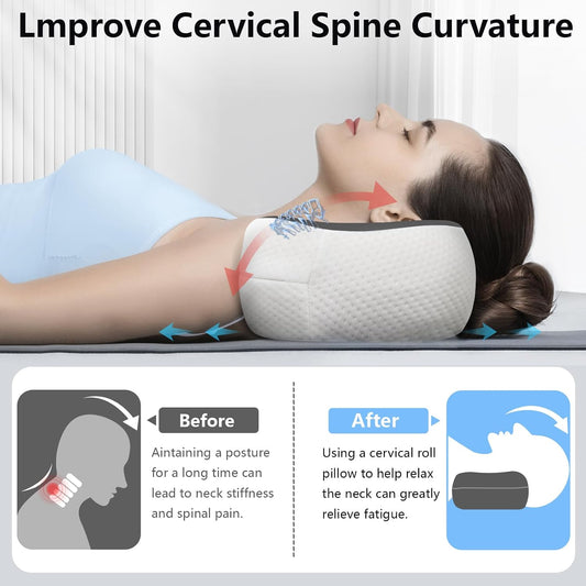 Cervical Neck Roll Pillow, Say Goodbye to Neck Pain, Travel Neck Support Pillow for Side Sleepers, Ergonomic Memory Foam Camping Pillow, Cervical Traction Device with Storage Bag