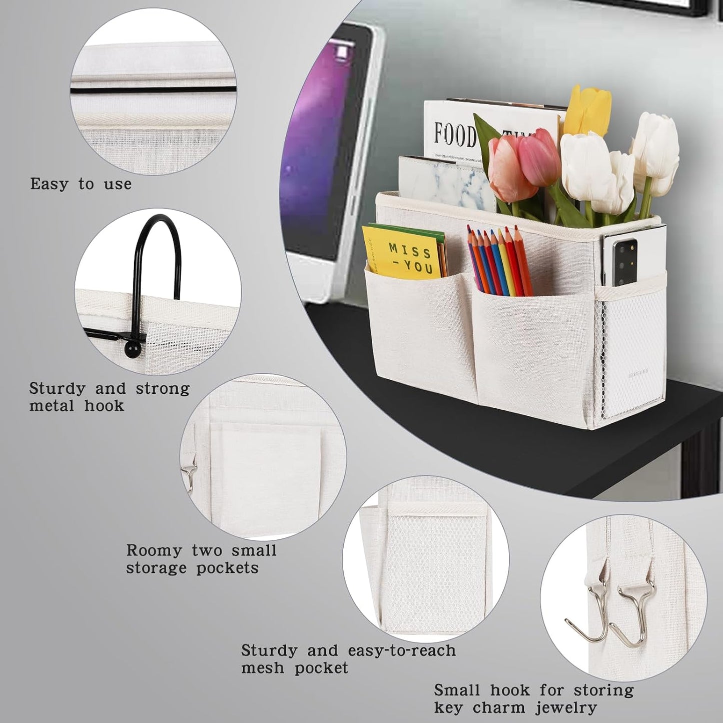 Bedside Caddy Bedside Hanging Storage Basket Bed Caddy for Headboards Bunk Dorm Rooms Crib Beds Rails Organizer (Grey)