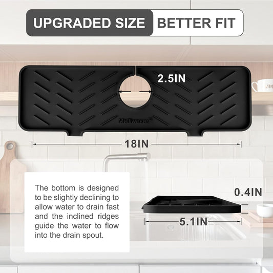 Silicone Faucet Mat for Kitchen Sink – Gen 2 Splash Guard with Upgraded Outlet & Slope – 18” x 5.1” Water Catcher & Sink Sponge Holder for Kitchen and Bathroom (Black)