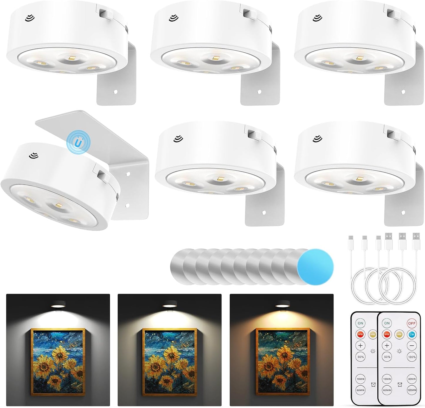 3 Pack Picture Lights for Wall, Rechargeable Battery Operated wall lights, Picture Frame lights with 3 Lighting Modes, Wireless Magnetic Painting Light with Remote Control Timer (White, 3 Pack)