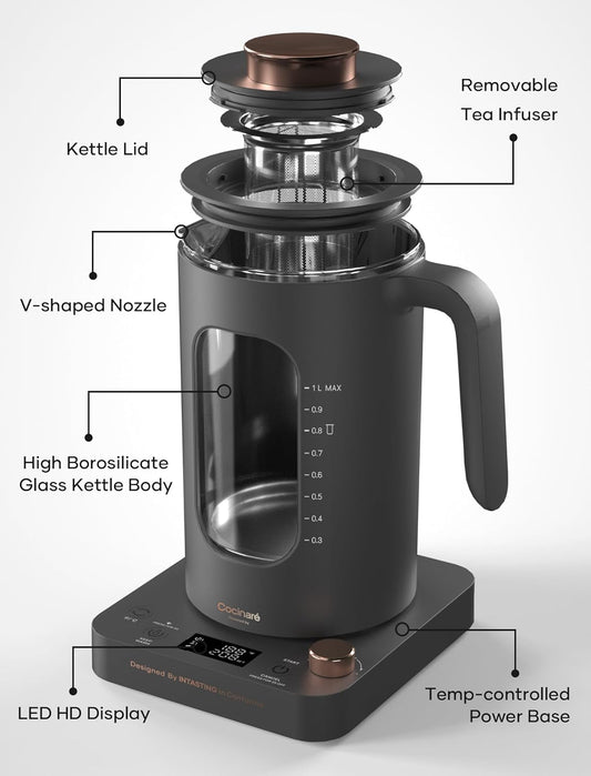 INTASTING Electric Tea Kettle with Infuser, 1℉ Temperature Control, 1 Liter | 1200W Fast Heating, BPA-Free Glass, Easy to Clean, Keep-warm, Auto shut-off, Dark Gray