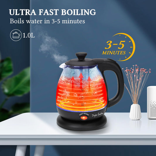 Taylor Swoden Electric Kettle with Tea Infuser, 1L, Black | Keep Warm, LED Light, Auto Shut-Off & Boil Dry Protection, BPA Free