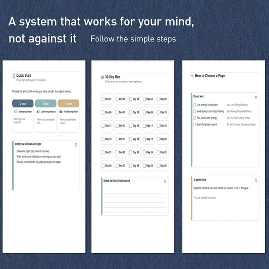 ADHD Evening Reset Planner (Undated) – 30-Day Night Routine Journal & Checklist, Calm Your Mind Before Bed, 2/5/10-Min Reset System, Brain Dump for Racing Thoughts, For Adults & Teens