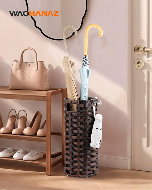 Rattan Umbrella Stand, Umbrella Holder for Entryway, Hand Woven Umbrella Rack Organizer Freestanding, with a Detachable Drip Tray, 4 Hooks, 7.5" L x 7.5" W x 16.5" H