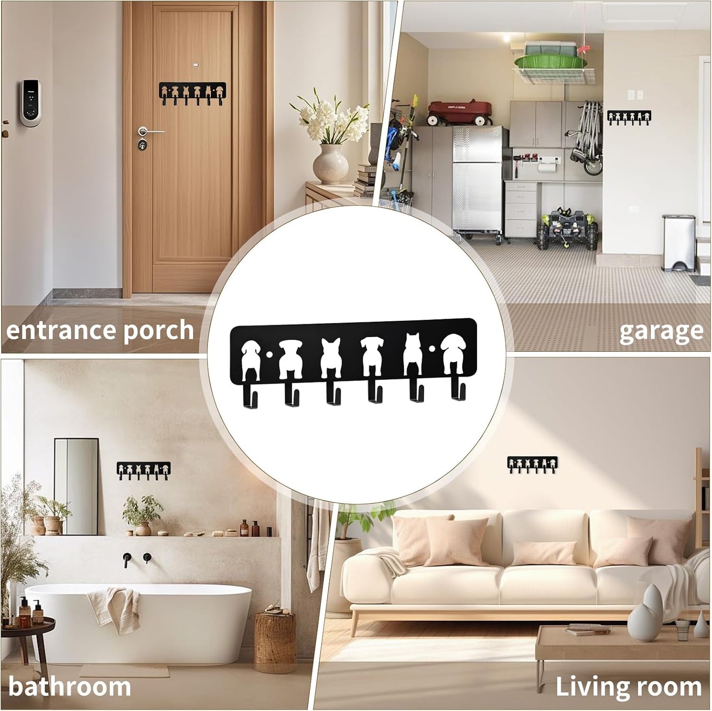 Key Hooks Decorative Dog Leash Holder for Wall, 6 Hooks 9.84×3.14 inch for Wall Decorative Animal Storage Rack Adhesive, Black Key Holder wall Mount for Entrance Living Room Kitchen-Dog Lovers Gifts