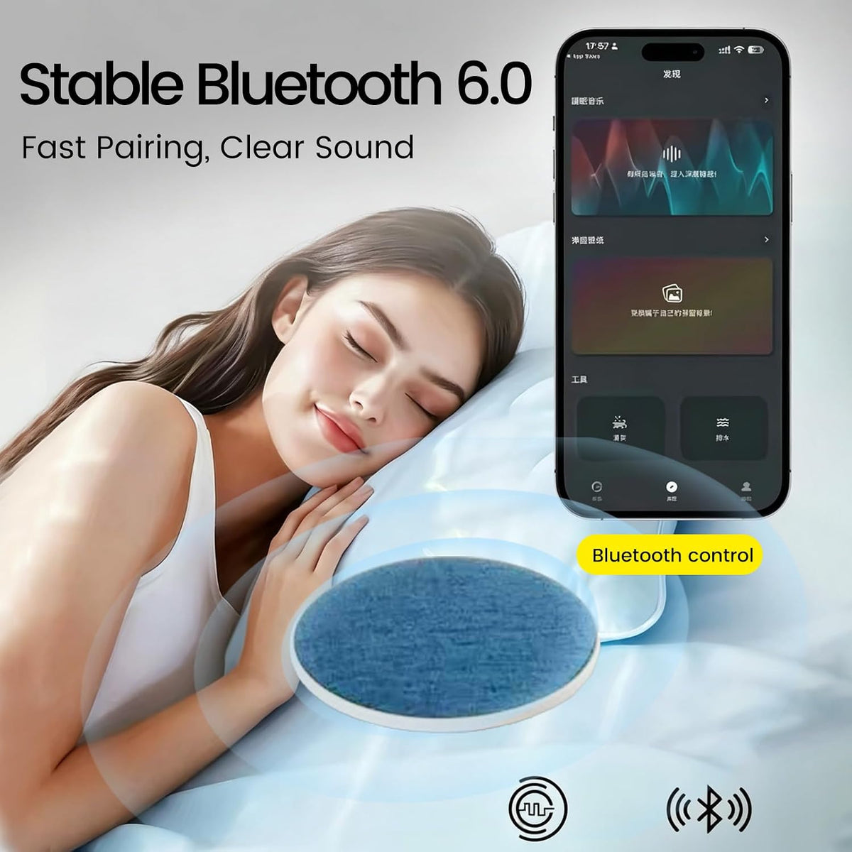 Pillow Speaker(on top, not Under Pillow) for Sleeping with Built-in White Noise, Bluetooth 5.4 Sleep Aid for Side Sleepers, Auto-Off Timer, 48H Battery, USB-C Bedside Sleep Speaker