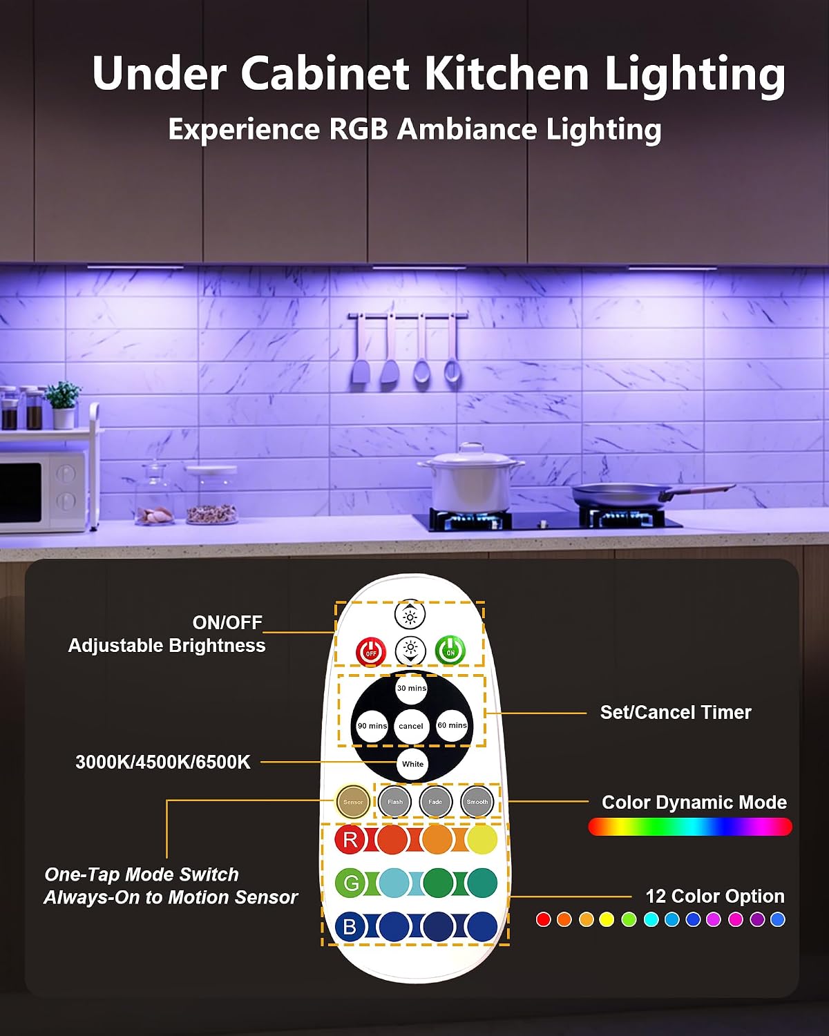 SZOKLED Motion Sensor Night Lights, 58-LED RGB Under Cabinet Lighting Wireless, 1100mAh Rechargeable Under Cabinet Lights Dimmable Closet Lights for Step, Stair, Kitchen,Hallway (2 Pack)