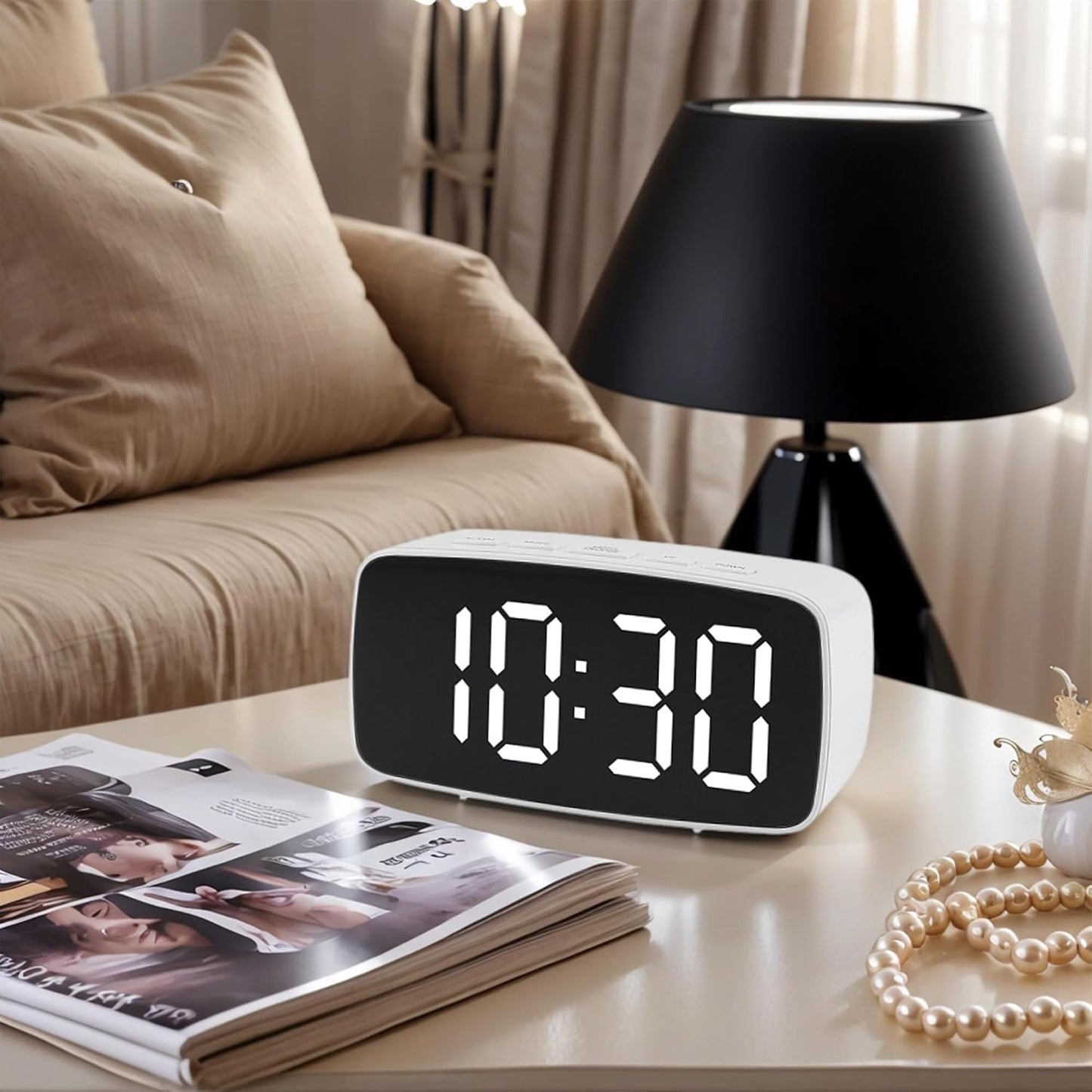 Dimmable LED Alarm Clock 2-Level Brightness, Wired Shaker, Snooze Function, Fits Bedside Table 4.7" L x 1.6" W x 2.4" H White Housing with Blue Light