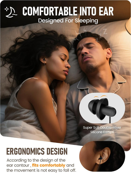 Sleep Earbuds, Hearprotek 2 Pairs Ultra Soft Lightweight Silicone Sleeping Earphone Headphones with Volume Control and mic for Side Sleeper, Snoring, Air Travel, Relaxation (Black)