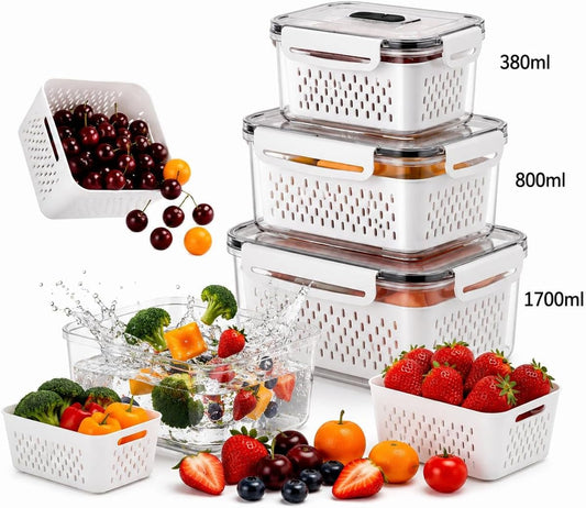 3 Pack Fridge Organizer for Fruit – Fruit Containers for Fridge with Removable Colander, BPA-Free Plastic Produce Keepers for Berry & Meat, Keeps Food Fresh Longer