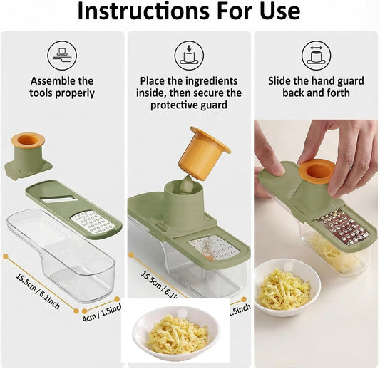 ANIS・KEBBR 3-in-1 Stainless Steel Garlic Grinder Slicer Shredder Easy Clean Safe Kitchen Food Cutter with Hand Guard