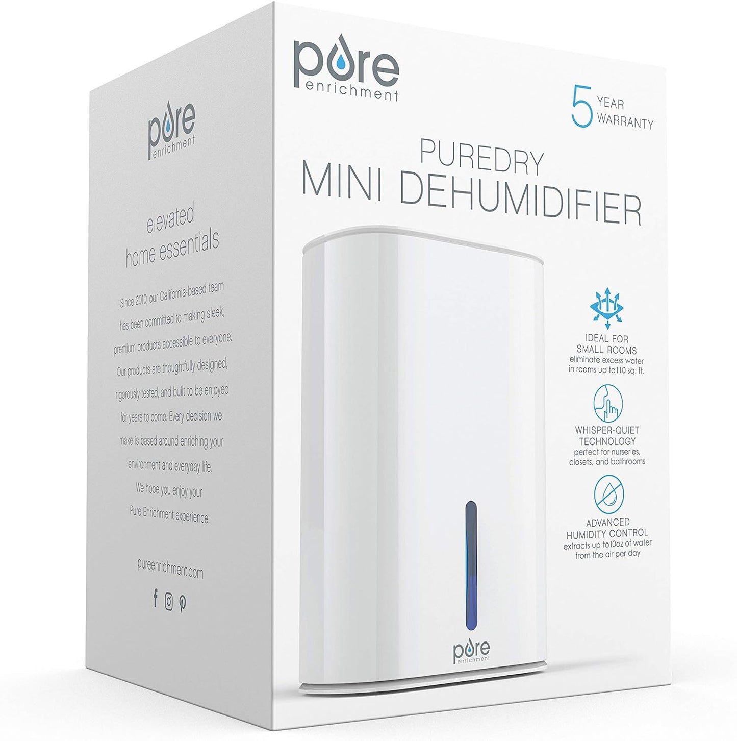 Pure Enrichment PureDry Mini Dehumidifier - 27oz Compact Water Tank Eliminates 300ml/day of Excess Moisture from Closets, Bathrooms, Boats, Kitchens, and Other Small Rooms and Living Spaces