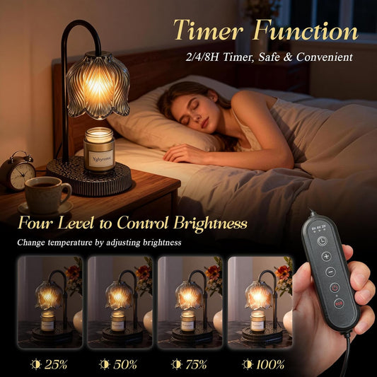 Flower Candle Warmer Lamp, Timer & 4-Level Dimmer, Adjustable Height | Flameless Electric Wax Warmer for Jar Candles, Includes 2 Bulbs, Pink, Home Decor Gift for Mom & Women, Housewarming