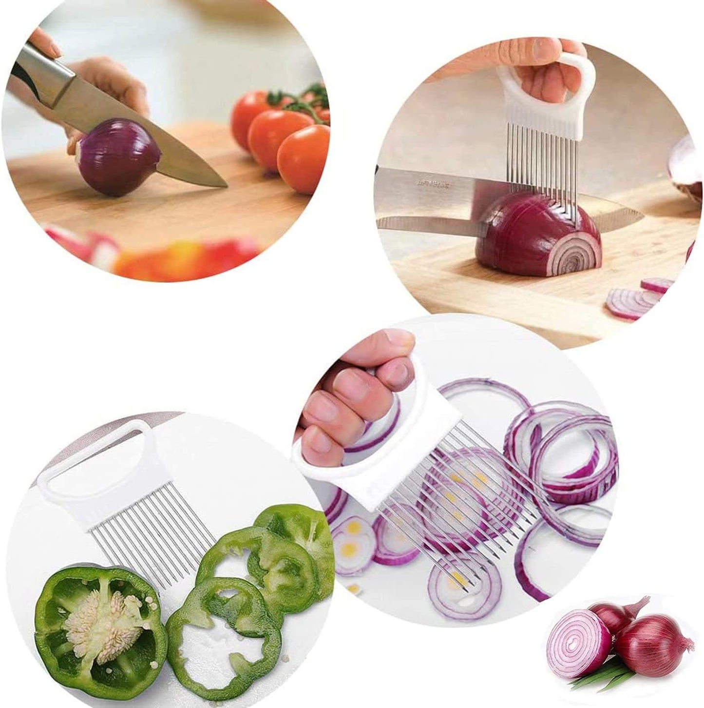 4PCS Onion Holder Slicer Set,Stainless Steel Fruit Tomato Lemon Potato Vegetable Holder Slicer Crinkle Cutter Tool for Kitchen Worker Slicing,Onion Cutter French Fry Cutter,4 Colors