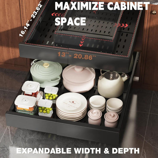 Seinloes Pull Out Cabinet Organizer,4-Side Expandable to Maximize Cabinet Space,Slide Out Drawers with 3 Rail Design,Roll Out Shelf with Raising Pad for Framed Cabinet,13"-21"W x 17"-24"D,White,2 Pack