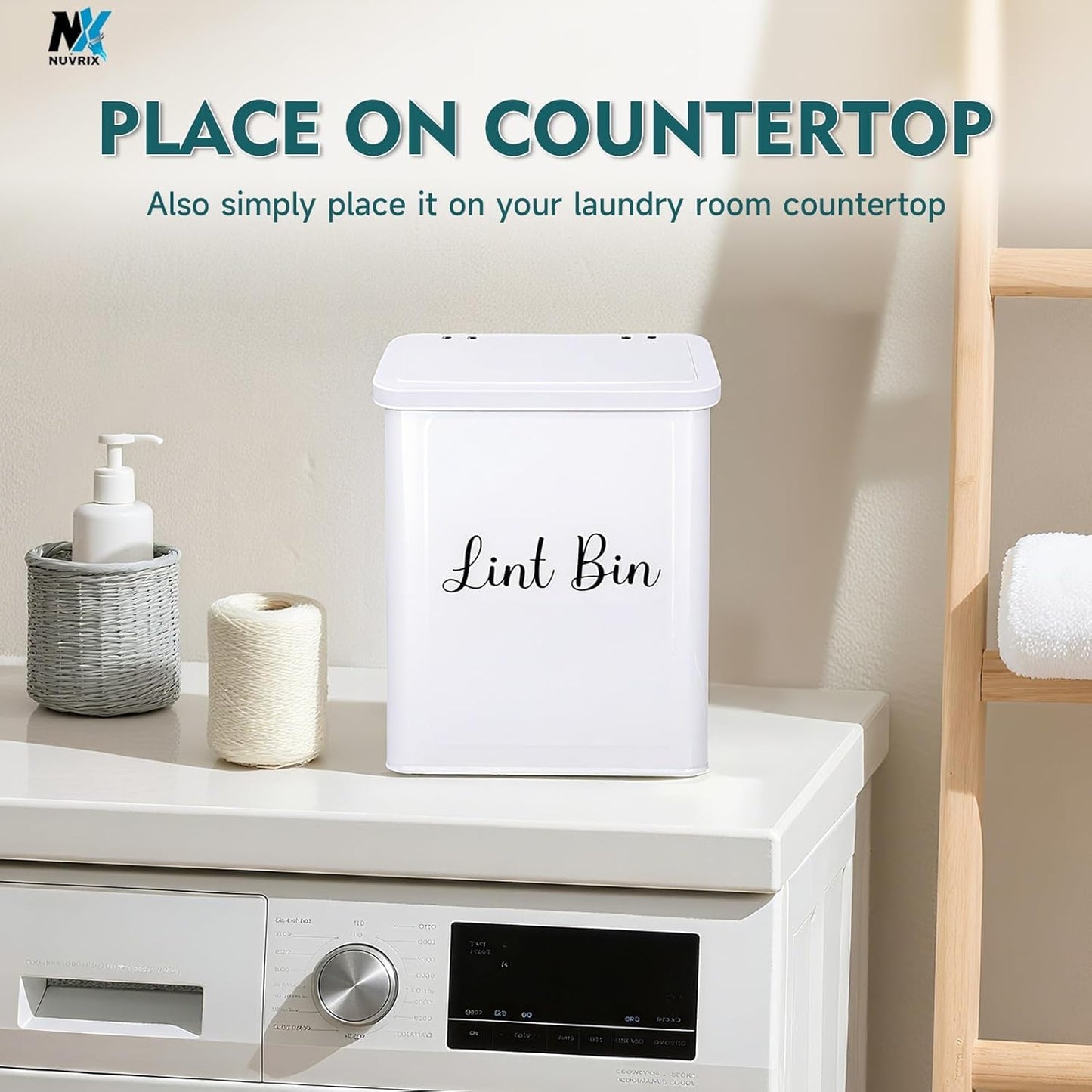 Magnetic Lint Bin for Laundry Room, Dryer lint bin Shiny White | galvanized metal body 1 Soft Lint Brush Included, 1 Magnetic Hook Included, 2 adhasive Hooks Included, Space-Saving