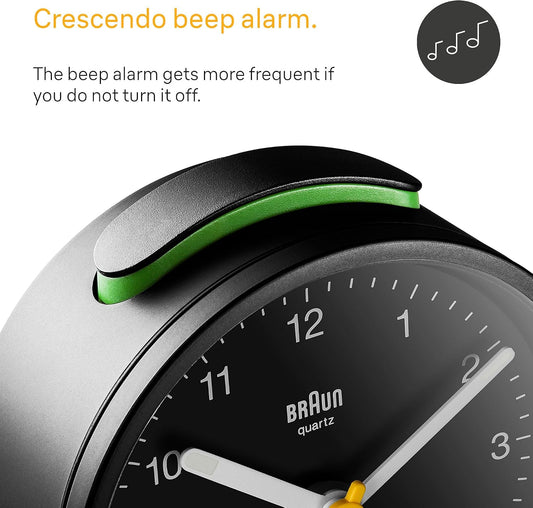 Braun Classic Analogue Alarm Clock with Snooze and Light, Quiet Quartz Movement, Crescendo Beep Alarm in Black, Model BC12B.