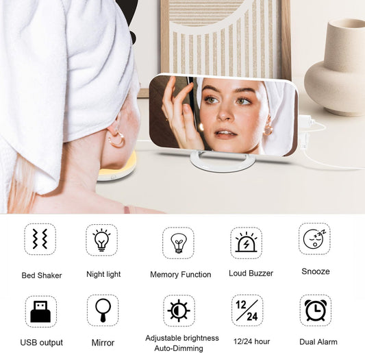 Digital Vibration Alarm Clock with Loud Sound 12/24 Hour Bed Shaker Auto-Dimming Night Light Snooze Memory Function for Heavy Sleepers Bedroom Home