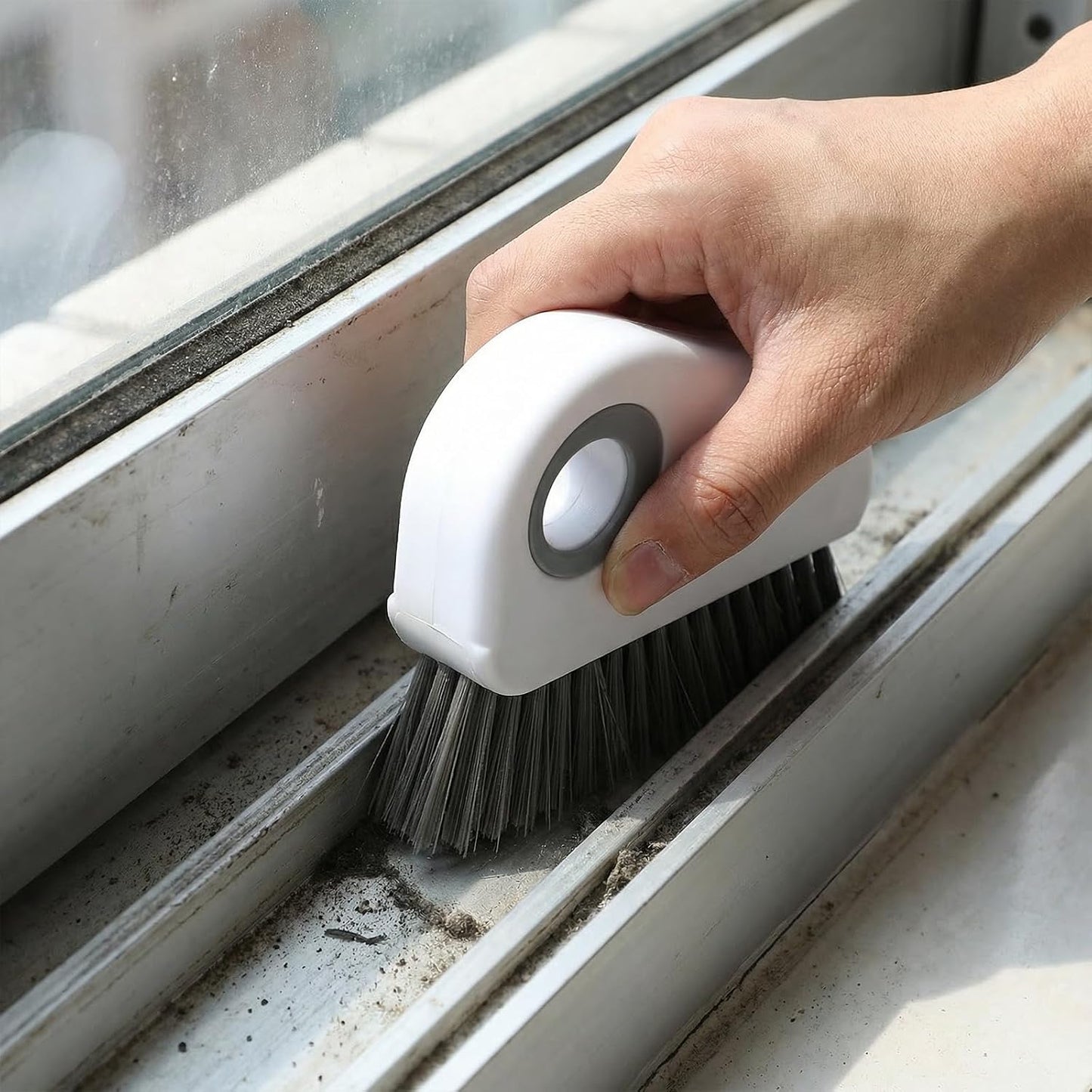 Qianyu 2 PCS Groove Cleaning Brush 2 in 1 Window Track Cleaning Tool Crevice Cleanings Brush Multifunction Hard Bristle with Hidden Scraper Grout Cleaner Grip Brushes for Slid Door Track Window Sill