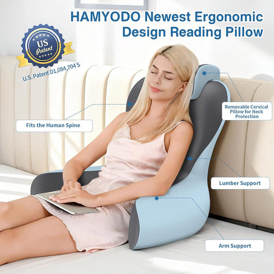 Reading Pillow for Sitting in Bed, 22”H Bed Rest Pillows with Arms, Back Pillows for Sitting Up, Ergonomic Lumbar Support Cushion for Reclining, Gaming, Work, Resting, Watching TV, (Grey&Darkgrey)