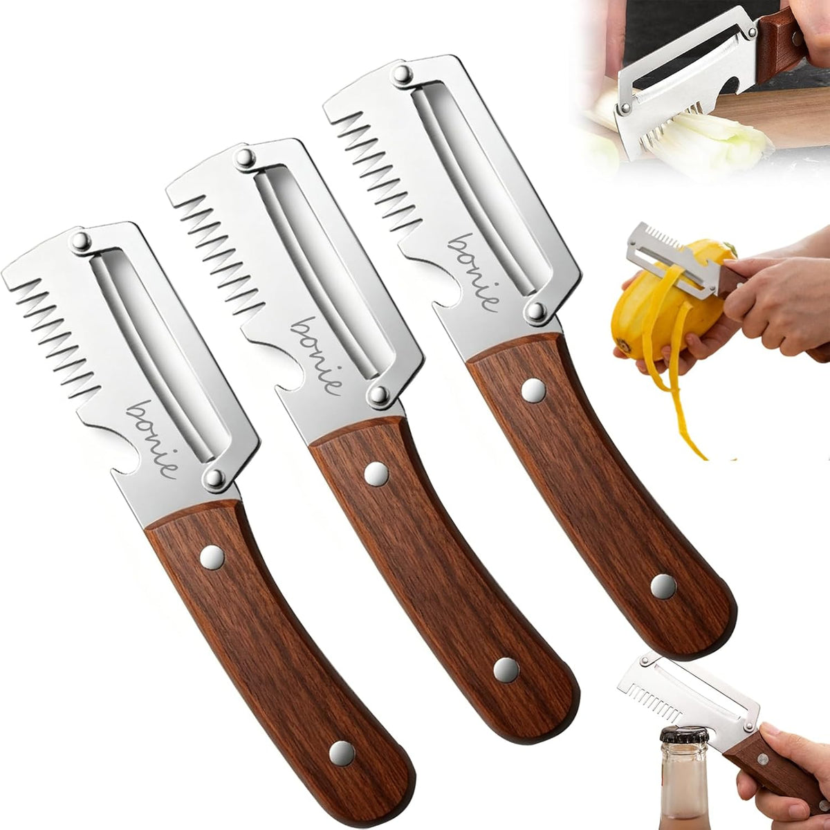 Multi-Functional Stainless Steel Thickened Fruit Peeler Knife, 2026 New 3 in 1 Stainless Steel Blade Peeler for Kitchen with Wooden Handle and Bottle Opener for Vegetable & Fruit (MIX)