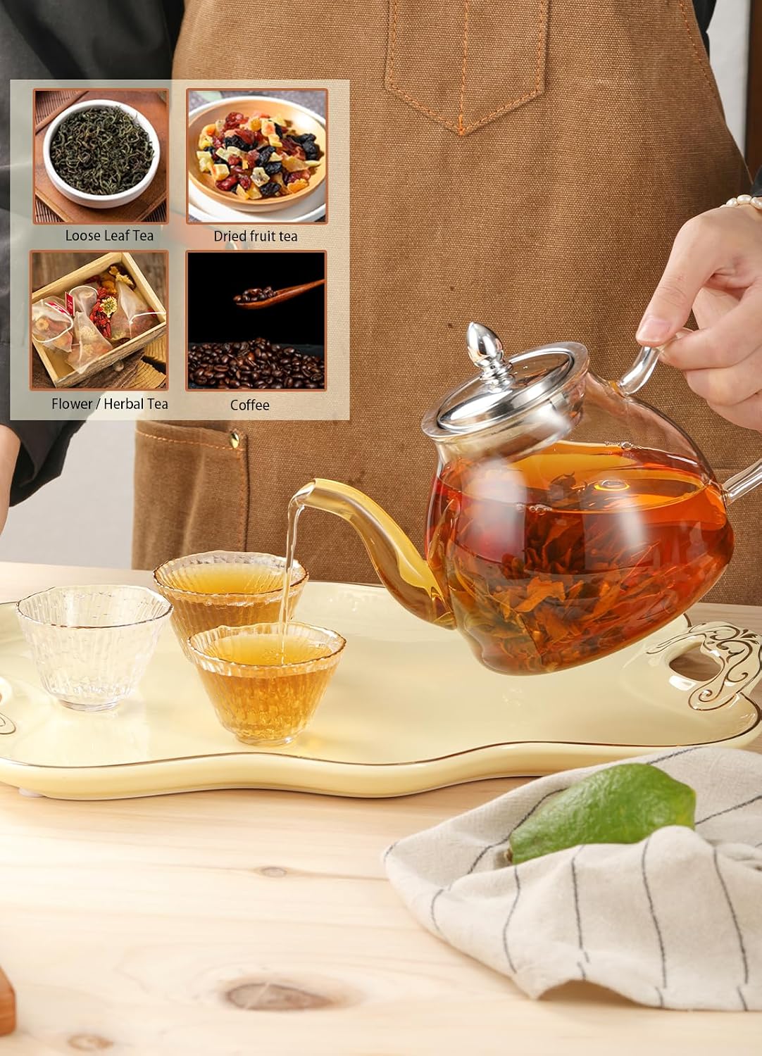 TETWIN Glass Teapot Including 6 Blooming Flower Tea Balls, Stovetop Safe Tea Pot with Removable Infuser for Loose Leaf Tea, 1000ml / 33.8oz