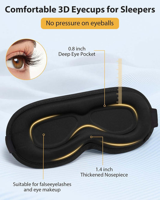 Sleep Eye Mask for Side Sleeper with Zero Eye Pressure and 100 Percent Light Blocking, Contoured 3D Design for Men and Women, Soft Low Rebound Memory Foam Eye Shade for Travel Naps and Night Shifts