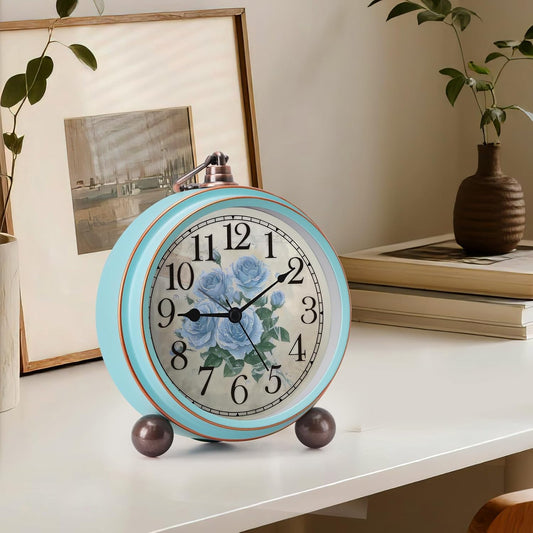 Maxspace Vintage Alarm Clock, Silent Non Ticking Desk Clock, Battery Operated Small Table Clock, Decorative Round Analog Clock for Bedroom, Living Room (Blue-Rose)