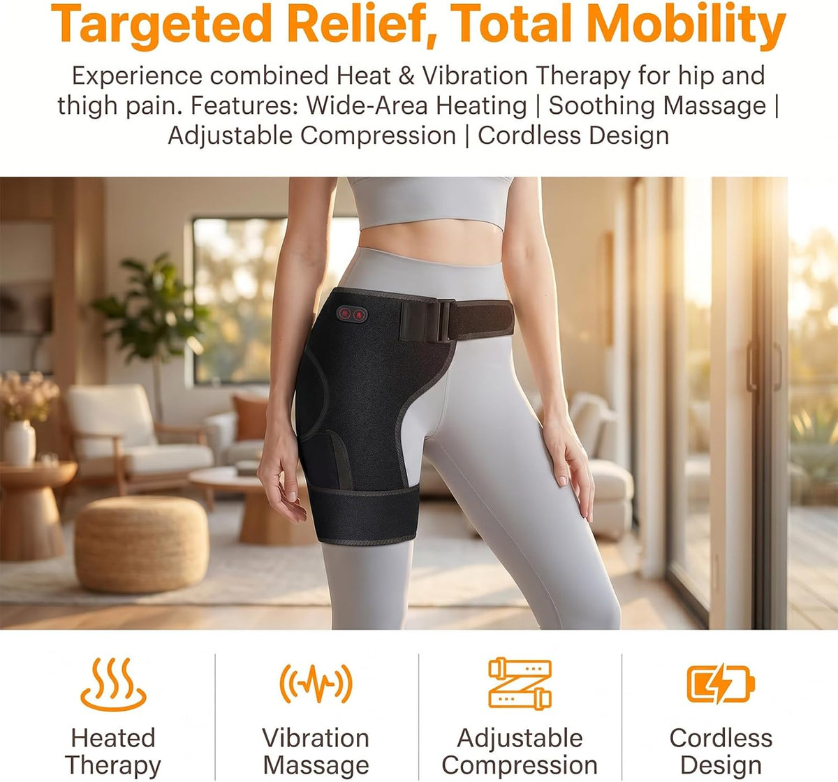 Hip Therapy Belt for Men & Women, Wearable Wrap for Hip, Lower Back, Buttock & Upper Thigh Comfort, Cordless Red Light Heating Pad with Vibration, 5000mAh Rechargeable Battery and Adjustable Fit