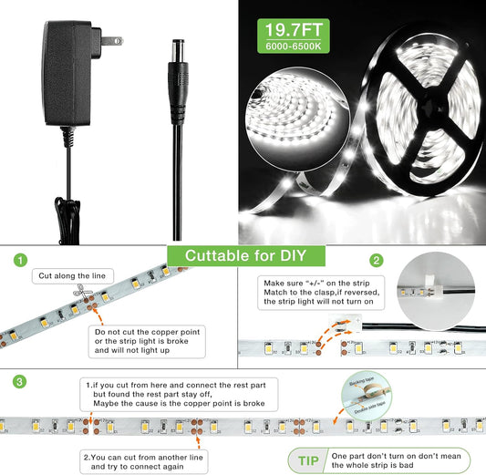 RAYZEEK Wireless Motion Activated LED Strip Lights,19.7FT LED Strip Lights with Power Adapter,Wireless Motion Sensor Control Dimmer,Timing,Cool White (1×Controller+2×Motion Sensor)