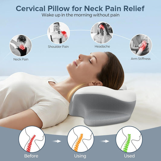 Cervical Neck Pillow for Pain Relief, Ergonomic Side Sleeper Pillow for Sleeping, Orthopedic Neck Support Contour Memory Foam Pillow for Side Back Stomach Sleepers, Ideal for Office Travel