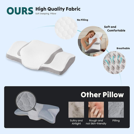NEWBULIG Cervical Neck Pillow, Ergonomic Contour Memory Foam and Detachable Roll Pillow for Neck Pain Relief Side Back Stomach Sleepers with Cooling Breathable Cover, White