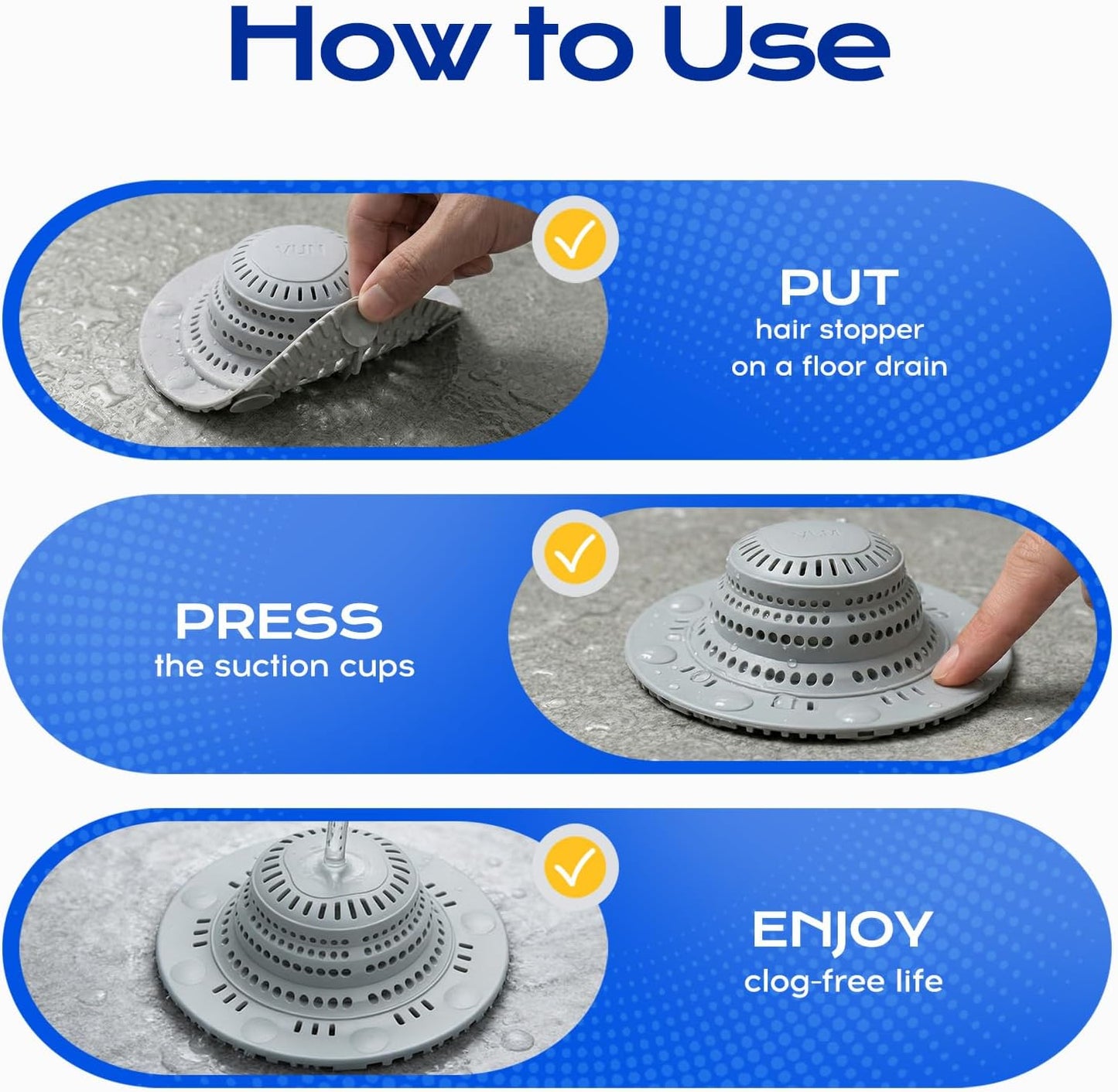 VLM 2 Pack Shower Drain Hair Catcher, Upgraded Drain Cover with Strong Suction Cups, Anti-Clog Hair Trap Stopper for Bathtub Shower Sink Laundry
