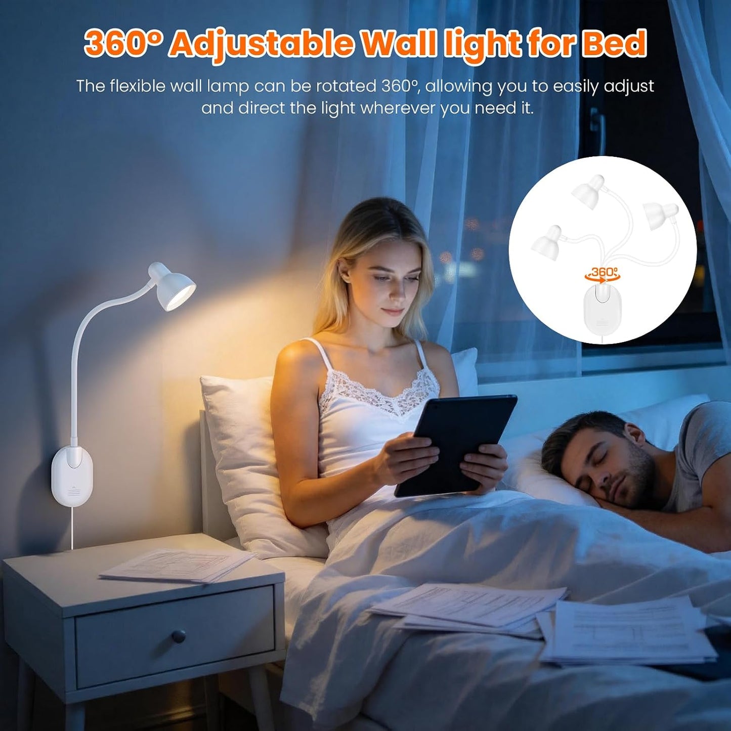 Wall Mounted Reading Light, LED Wall Bedside Lamp with Adapter, 5 Color & 10 Brightness, Plug-in Adhesive Wall Reading Lights for Books in Bed, Auto-Off Timer Wall Lights for Bedroom Headboard Black