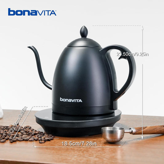Bonavita 1L Digital Variable Temperature Gooseneck Electric Kettle for Coffee Brew and Tea Precise Pour Control, 6 Preset Temps, Café or Home Use, 1200 Watt, LED Panel, Stainless Steel